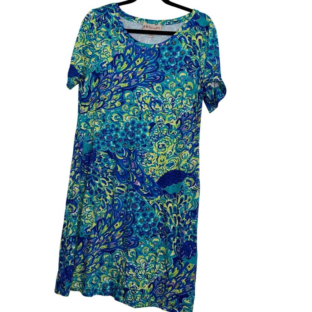 Philosophy Republic Aqua Peacock Print Dress L - Picture 1 of 9